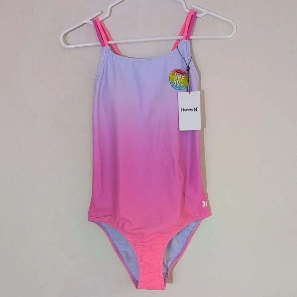 NWT Hurley Girl's One Piece Swimsuit China Rose Pink Ombre Padded Strap- Size 14